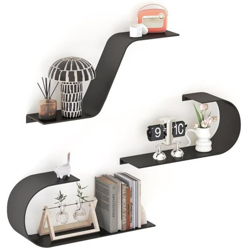 Black Metal Floating Shelves Set of 3 Wall Mounted Shelf for Home Decor